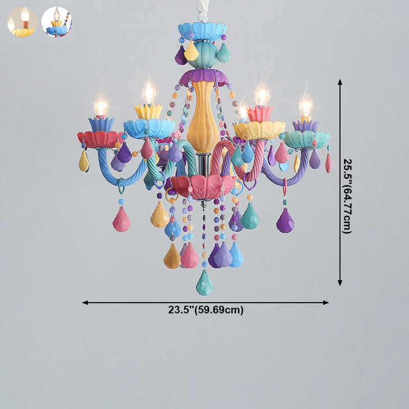 Candle Baby Room Chandelier Metal Macaron Suspension Light with Crystal Drapes