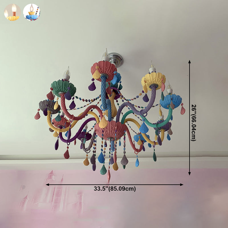 Candle Baby Room Chandelier Metal Macaron Suspension Light with Crystal Drapes