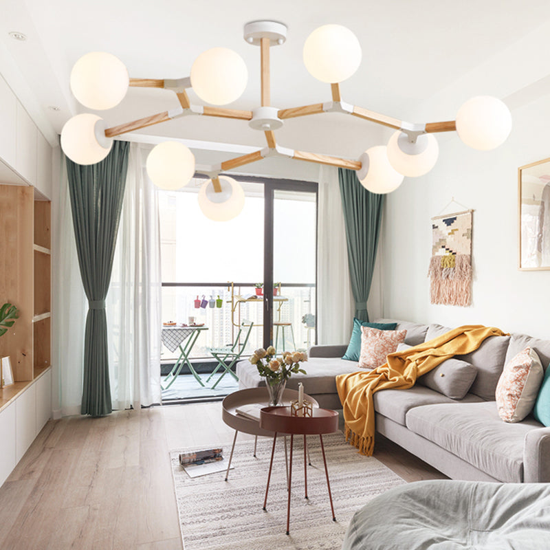 Living Room Chandelier Wooden Macaron Suspension Light with White Glass Shade