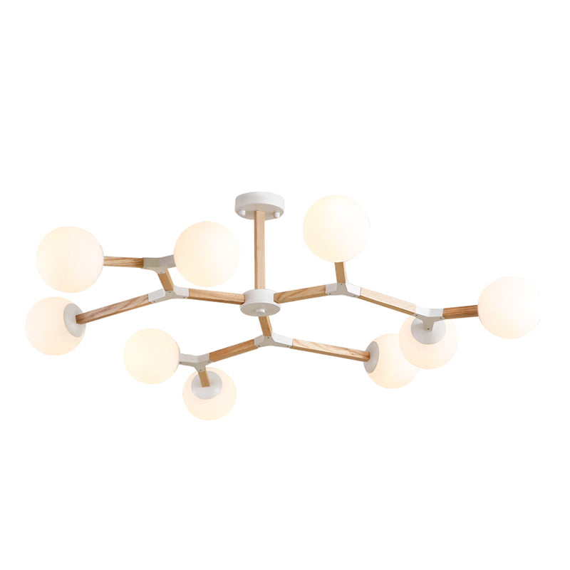 Living Room Chandelier Wooden Macaron Suspension Light with White Glass Shade