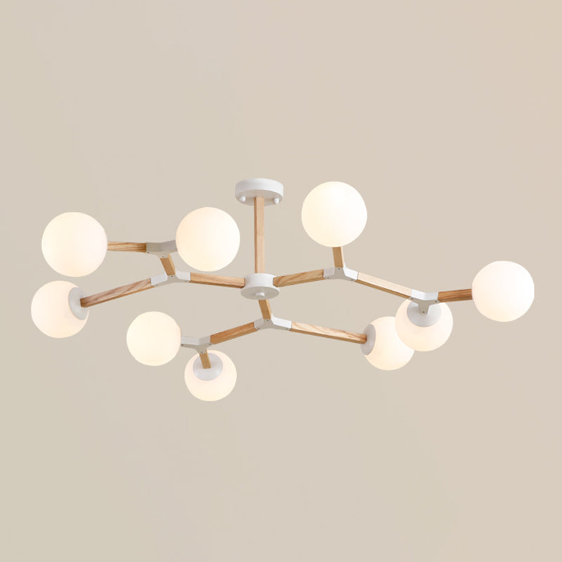 Living Room Chandelier Wooden Macaron Suspension Light with White Glass Shade