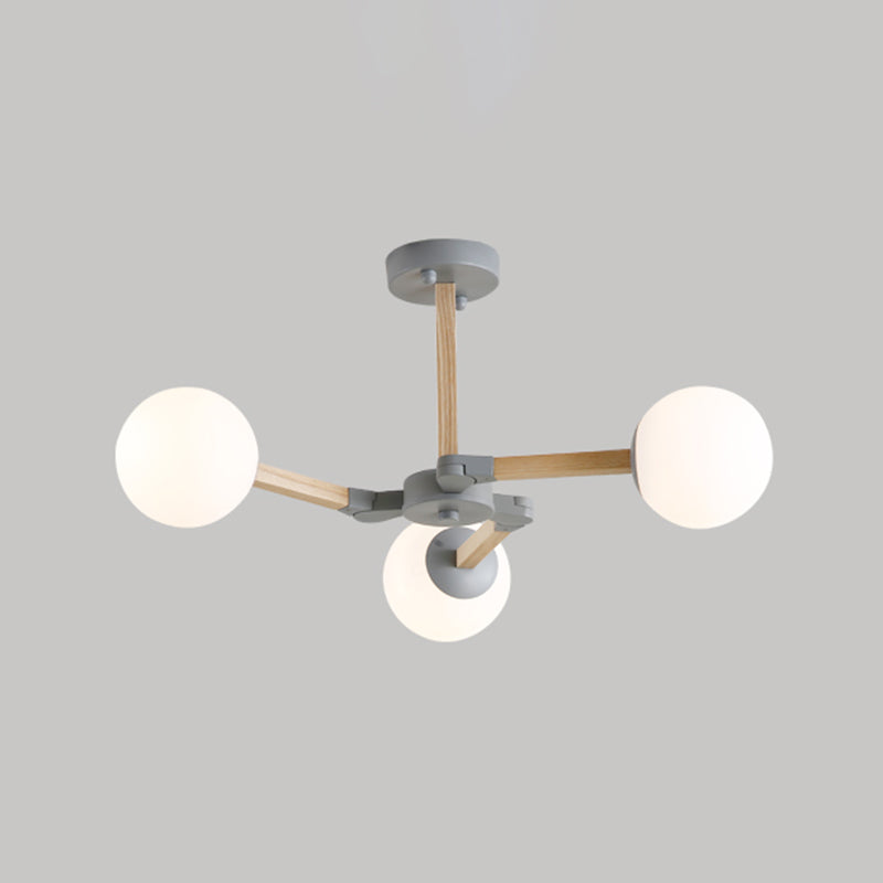 Living Room Chandelier Wooden Macaron Suspension Light with White Glass Shade