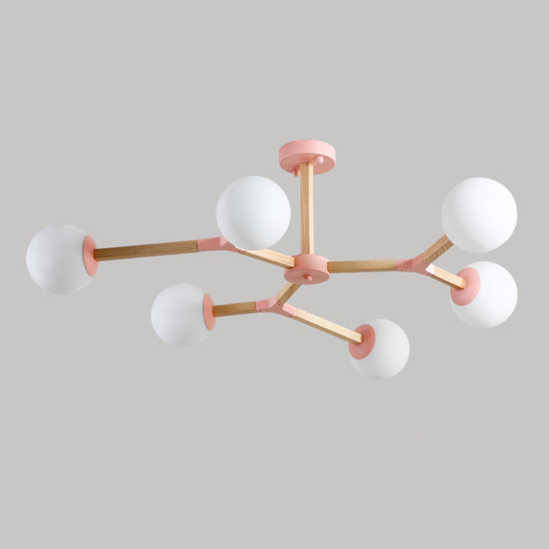 Living Room Chandelier Wooden Macaron Suspension Light with White Glass Shade