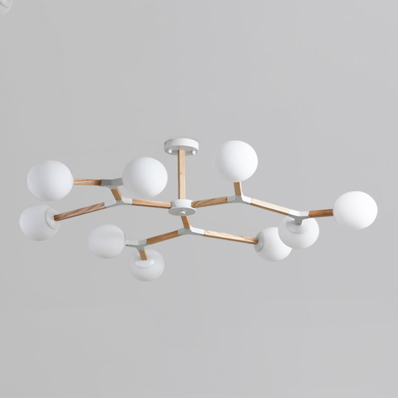 Living Room Chandelier Wooden Macaron Suspension Light with White Glass Shade