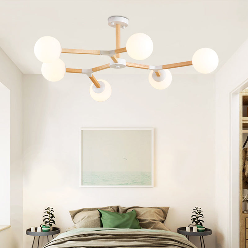 Living Room Chandelier Wooden Macaron Suspension Light with White Glass Shade