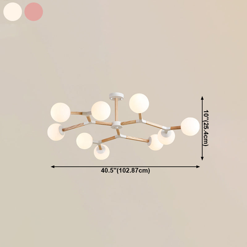 Living Room Chandelier Wooden Macaron Suspension Light with White Glass Shade