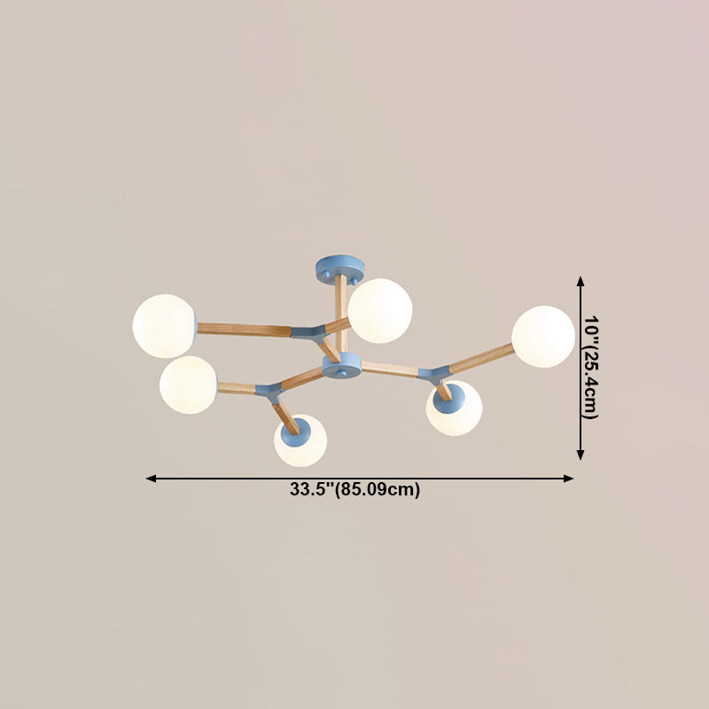 Living Room Chandelier Wooden Macaron Suspension Light with White Glass Shade