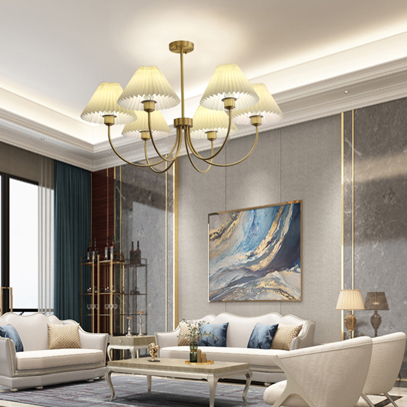 Country Style Living Room Chandelier Retro Fabric Conical Pendant Light Fixture in Brass