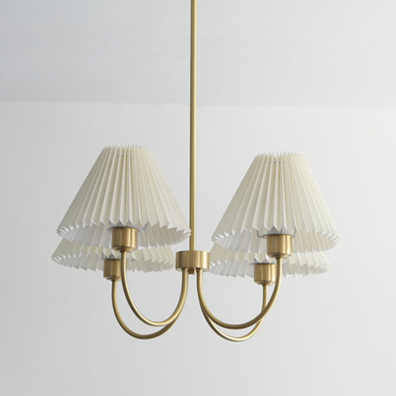 Country Style Living Room Chandelier Retro Fabric Conical Pendant Light Fixture in Brass