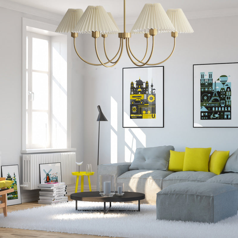 Country Style Living Room Chandelier Retro Fabric Conical Pendant Light Fixture in Brass