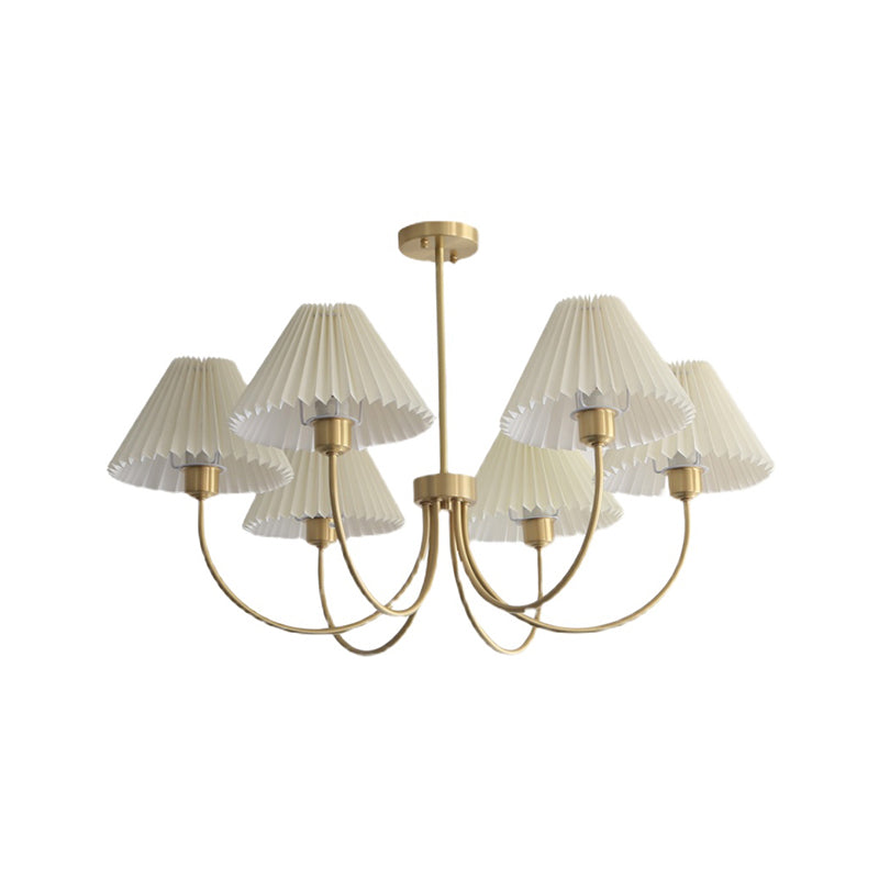 Country Style Living Room Chandelier Retro Fabric Conical Pendant Light Fixture in Brass