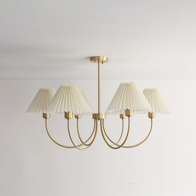 Country Style Living Room Chandelier Retro Fabric Conical Pendant Light Fixture in Brass