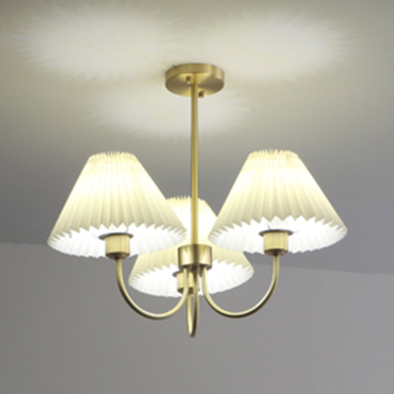 Country Style Living Room Chandelier Retro Fabric Conical Pendant Light Fixture in Brass