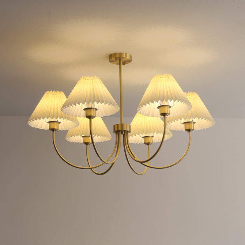Country Style Living Room Chandelier Retro Fabric Conical Pendant Light Fixture in Brass