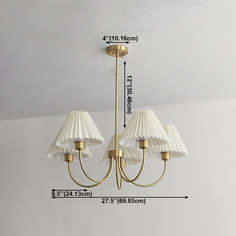 Country Style Living Room Chandelier Retro Fabric Conical Pendant Light Fixture in Brass