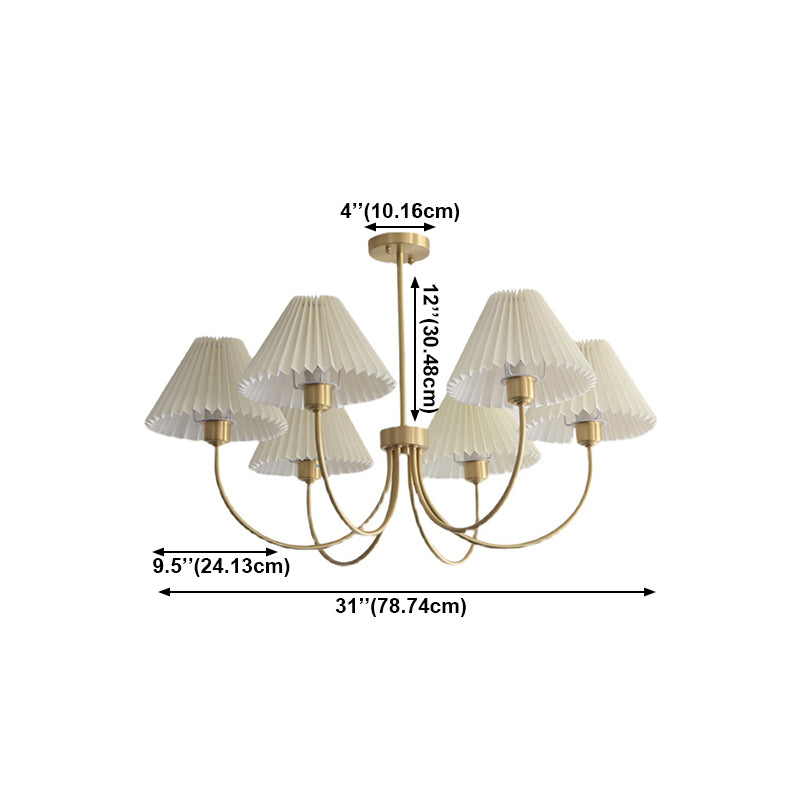 Country Style Living Room Chandelier Retro Fabric Conical Pendant Light Fixture in Brass