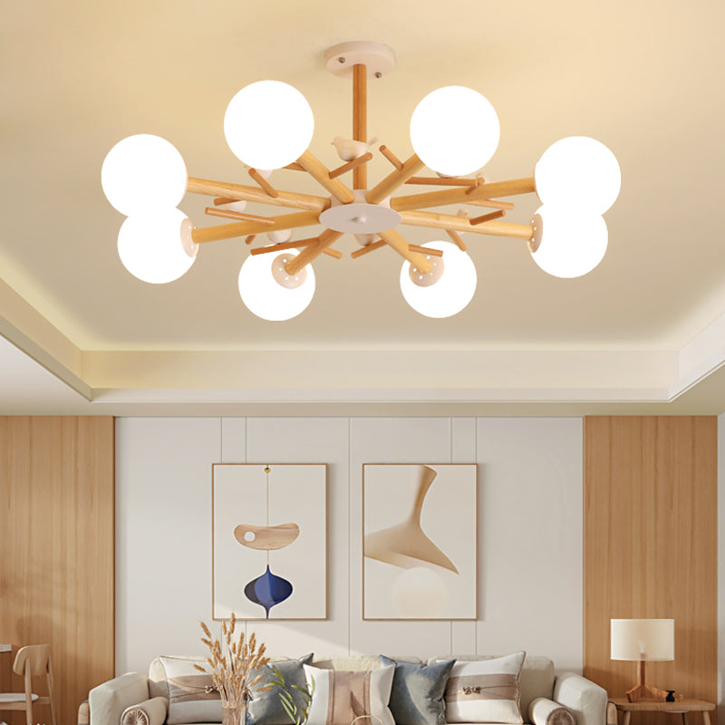 Wood Pendant Light Nordic Style Chandelier Lamp Fixture with Ball Glass Shade