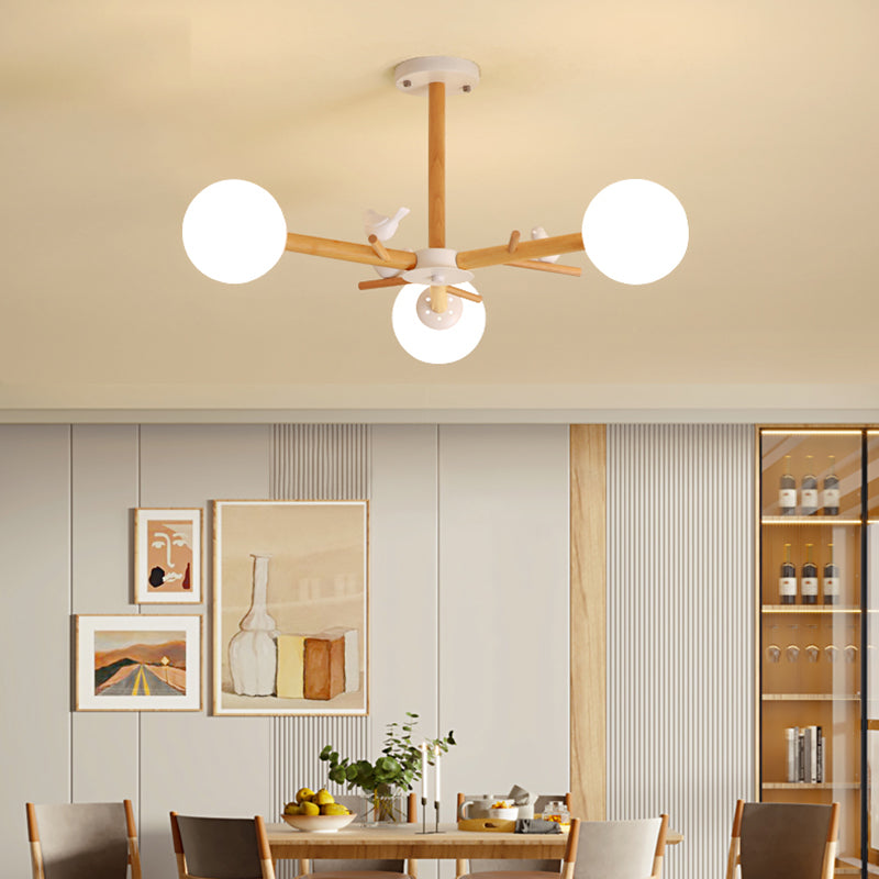 Wood Pendant Light Nordic Style Chandelier Lamp Fixture with Ball Glass Shade