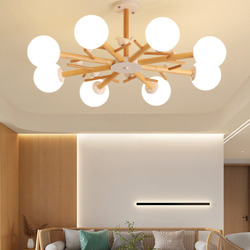 Wood Pendant Light Nordic Style Chandelier Lamp Fixture with Ball Glass Shade
