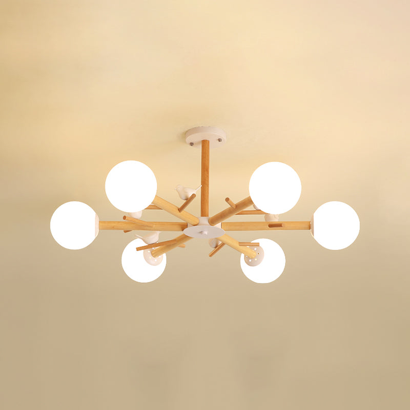 Wood Pendant Light Nordic Style Chandelier Lamp Fixture with Ball Glass Shade