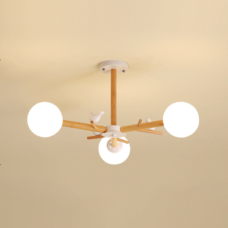 Wood Pendant Light Nordic Style Chandelier Lamp Fixture with Ball Glass Shade