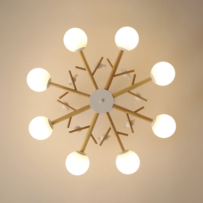 Wood Pendant Light Nordic Style Chandelier Lamp Fixture with Ball Glass Shade