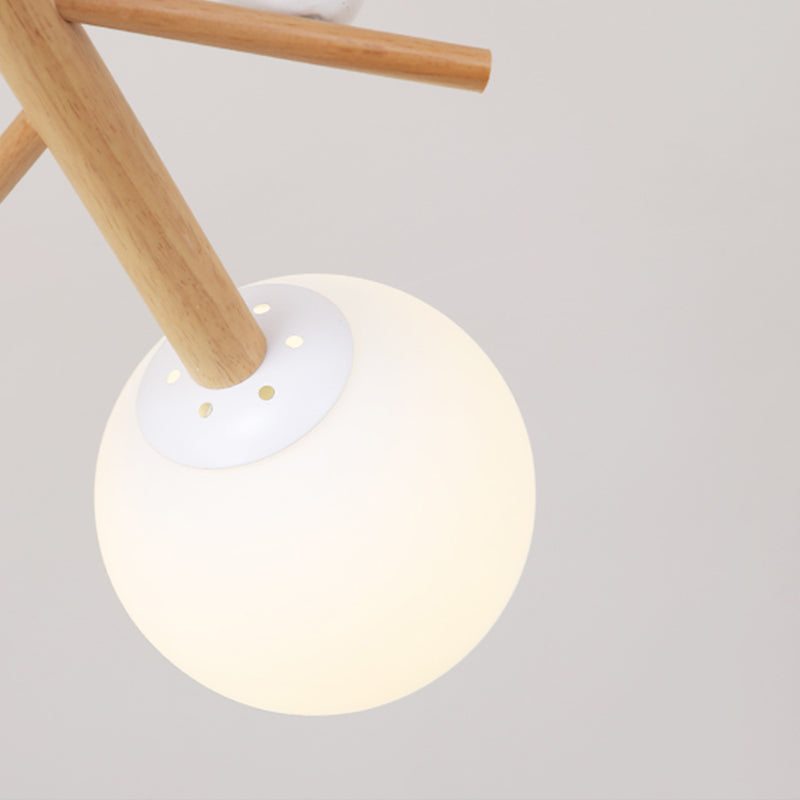 Wood Pendant Light Nordic Style Chandelier Lamp Fixture with Ball Glass Shade