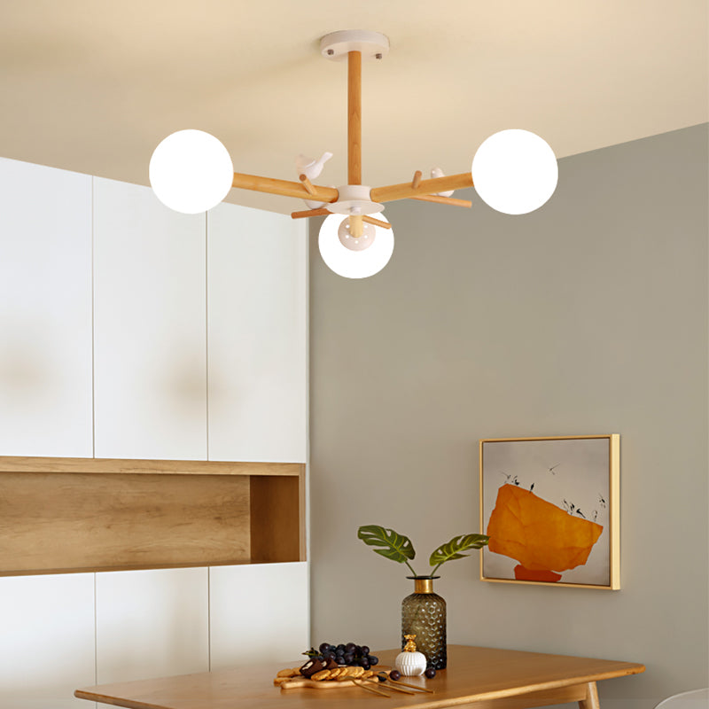 Wood Pendant Light Nordic Style Chandelier Lamp Fixture with Ball Glass Shade