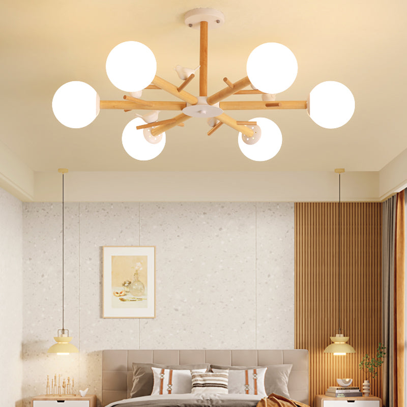 Wood Pendant Light Nordic Style Chandelier Lamp Fixture with Ball Glass Shade