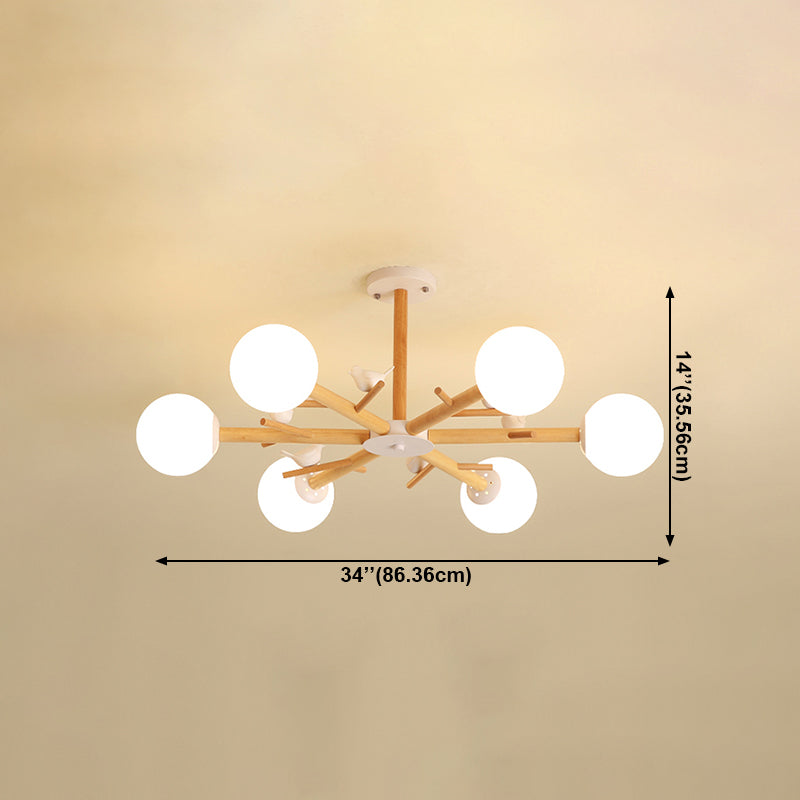 Wood Pendant Light Nordic Style Chandelier Lamp Fixture with Ball Glass Shade