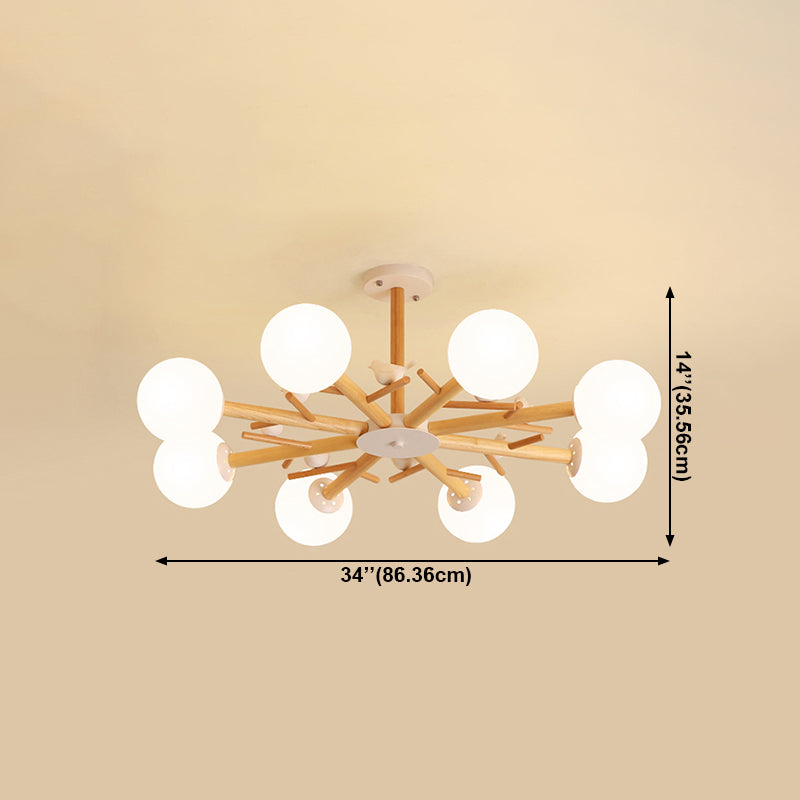 Wood Pendant Light Nordic Style Chandelier Lamp Fixture with Ball Glass Shade