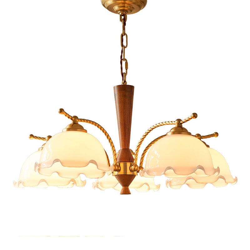 Nordic Chandelier Wooden Dining Room Suspension Light with Glass Shade