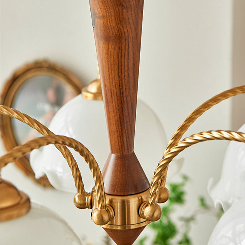 Nordic Chandelier Wooden Dining Room Suspension Light with Glass Shade