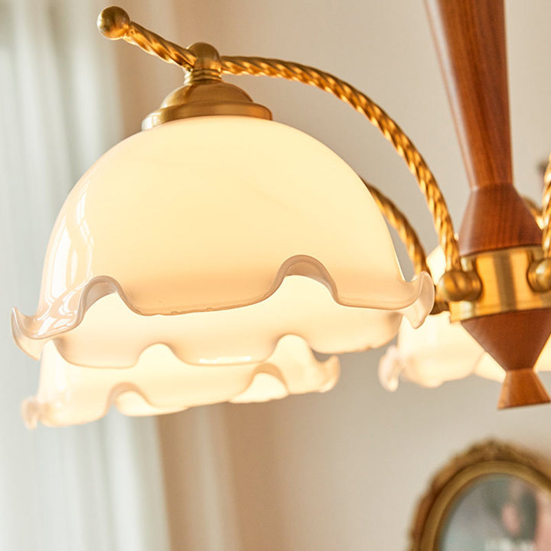 Nordic Chandelier Wooden Dining Room Suspension Light with Glass Shade