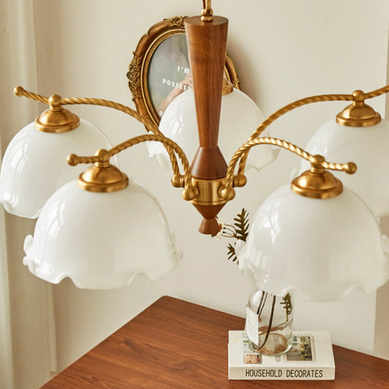 Nordic Chandelier Wooden Dining Room Suspension Light with Glass Shade