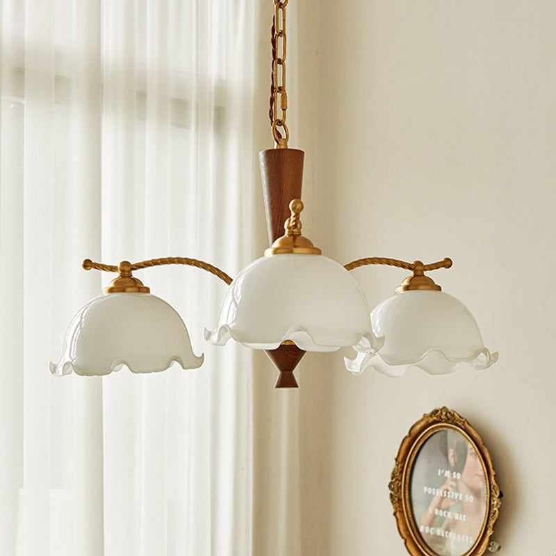 Nordic Chandelier Wooden Dining Room Suspension Light with Glass Shade