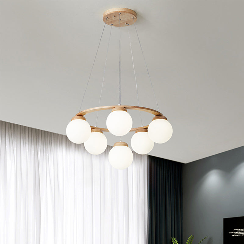 Houten cirkelvormige kroonluchter eenvoud hangend licht met bol wit glazen schaduw