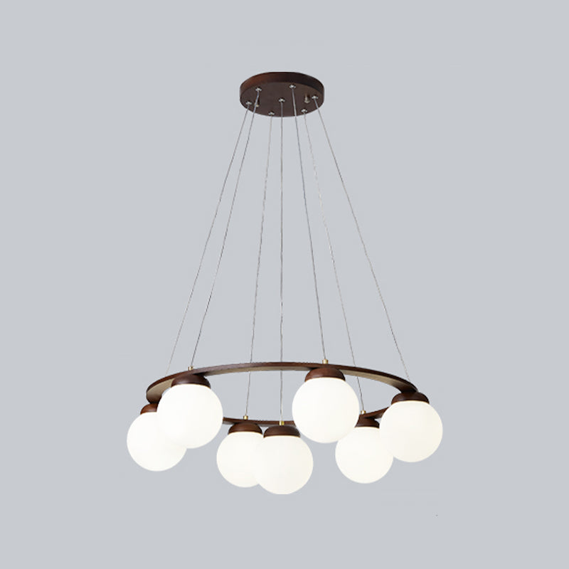 Houten cirkelvormige kroonluchter eenvoud hangend licht met bol wit glazen schaduw