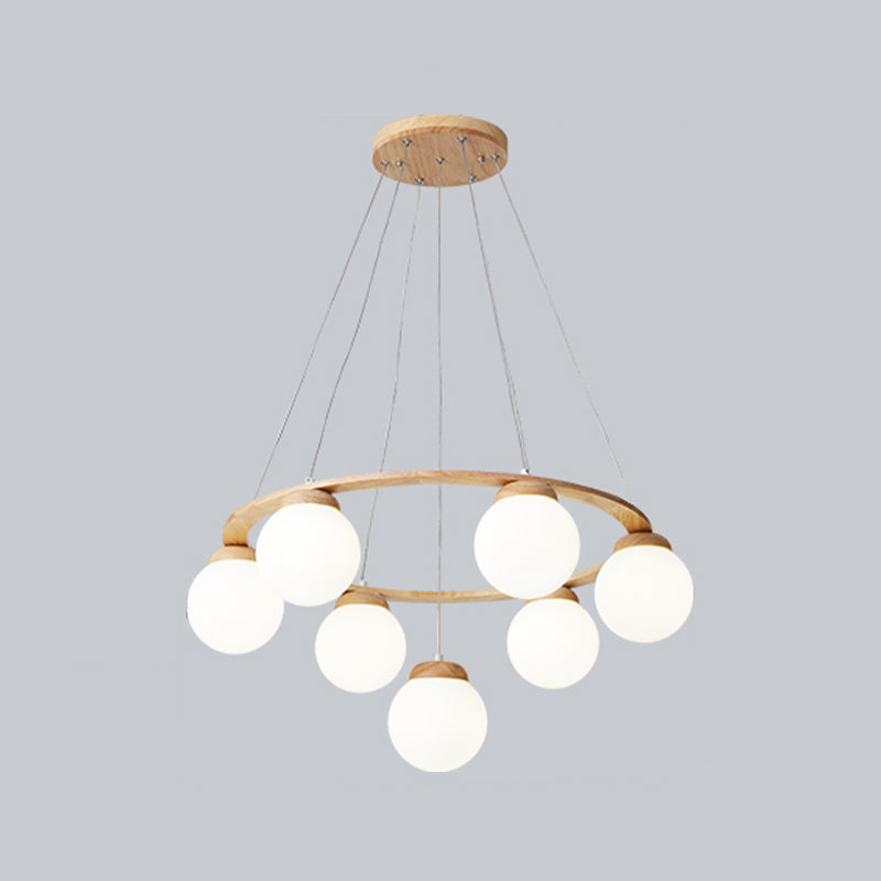 Houten cirkelvormige kroonluchter eenvoud hangend licht met bol wit glazen schaduw