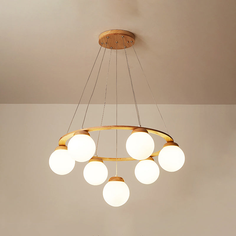 Houten cirkelvormige kroonluchter eenvoud hangend licht met bol wit glazen schaduw