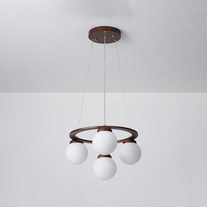 Houten cirkelvormige kroonluchter eenvoud hangend licht met bol wit glazen schaduw