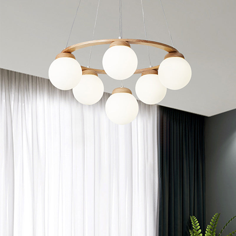 Houten cirkelvormige kroonluchter eenvoud hangend licht met bol wit glazen schaduw