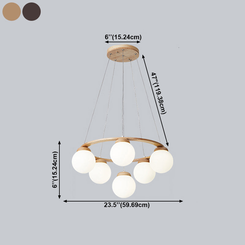 Houten cirkelvormige kroonluchter eenvoud hangend licht met bol wit glazen schaduw