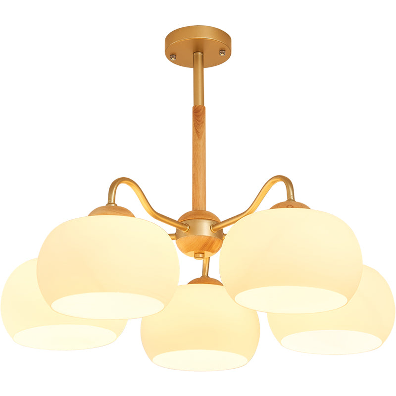 Solid Wood Domed Chandelier Lighting Nordic Hanging Light with White Glass Shade