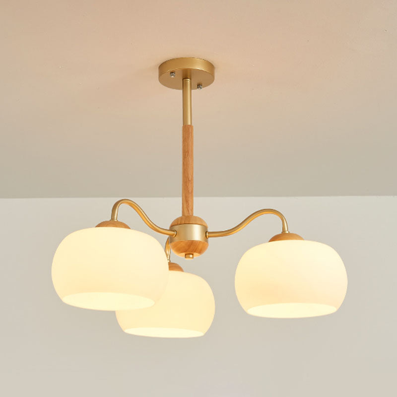 Solid Wood Domed Chandelier Lighting Nordic Hanging Light with White Glass Shade