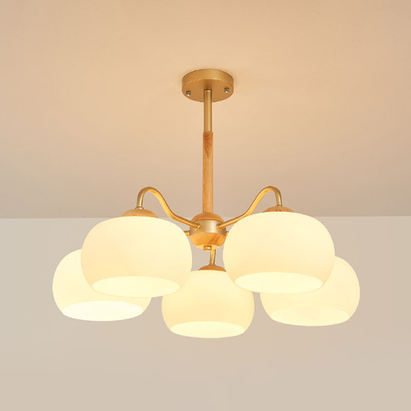 Solid Wood Domed Chandelier Lighting Nordic Hanging Light with White Glass Shade