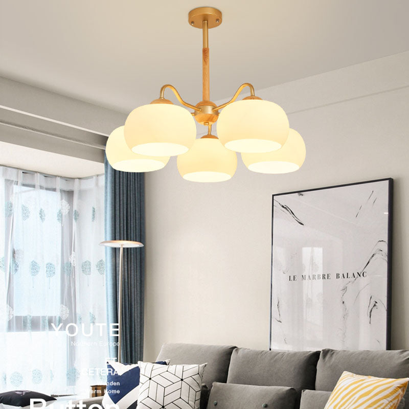 Solid Wood Domed Chandelier Lighting Nordic Hanging Light with White Glass Shade