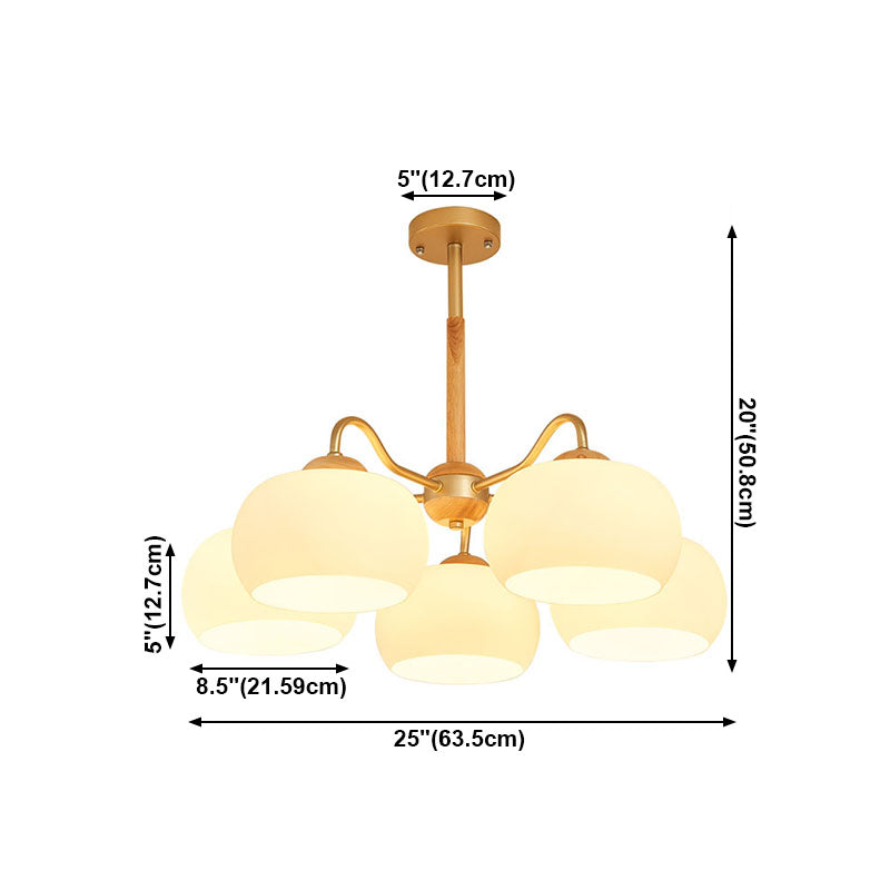 Solid Wood Domed Chandelier Lighting Nordic Hanging Light with White Glass Shade