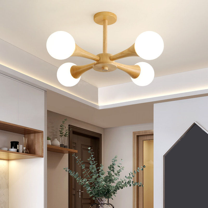 Modern Ceiling Lamp Simplicity Wooden Bedroom Chandelier with White Glass Shade