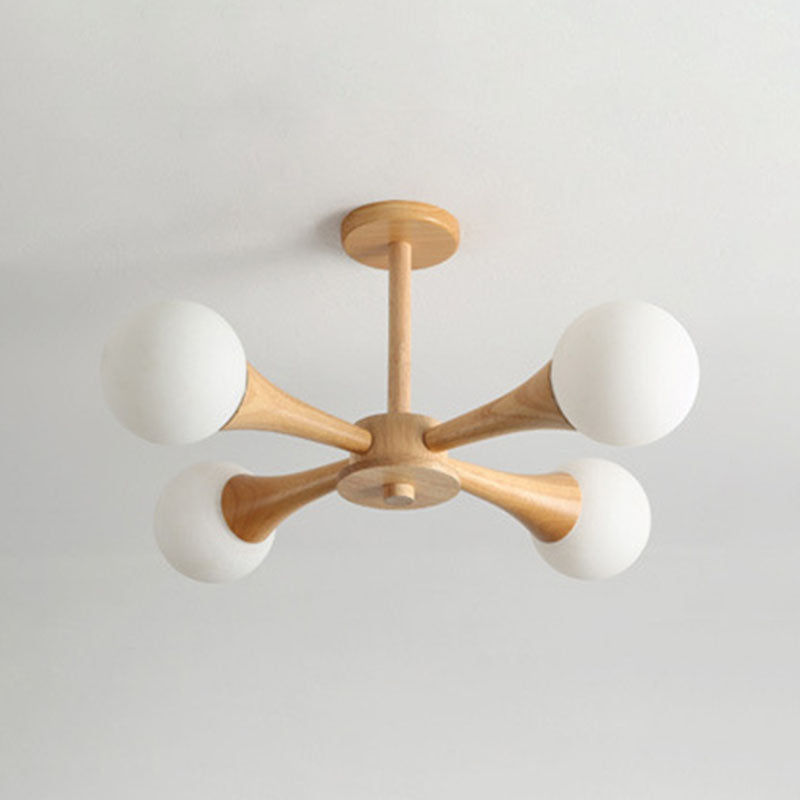 Modern Ceiling Lamp Simplicity Wooden Bedroom Chandelier with White Glass Shade